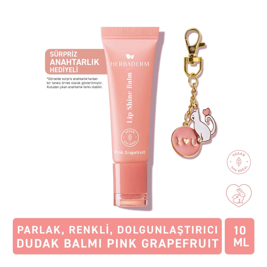 Herbaderm Parlak Dudak Balmı Pembe Greyfurt Aromalı 10 ml (Anahtarlık Hediyeli)